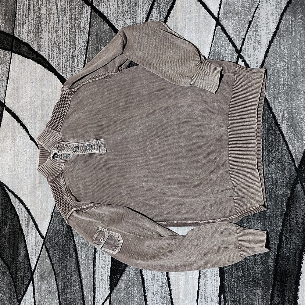VINTAGE BKE QUARTER-BUTTON MOCK-NECK SNAP-POCKET SLEEVE PATTERN BROWN SW…